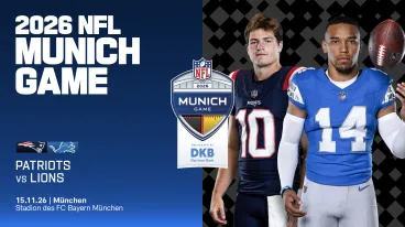 Eine Ankündigungsgrafik, die auf das NFL Spiel zwischen den Detroit Lions und New England Patriots in München hinweist