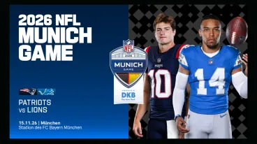 Das Ankündigungsplakat zum NFL Munich Game 2026 zwischen den Detroit Lions und New England Patriots