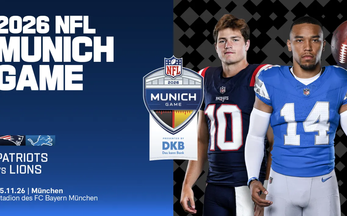 Eine Ankündigungsgrafik, die auf das NFL Spiel zwischen den Detroit Lions und New England Patriots in München hinweist