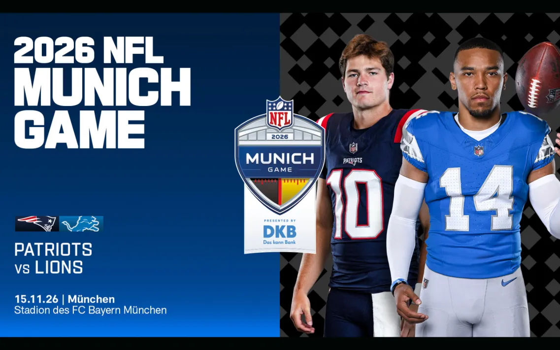 Das Ankündigungsplakat zum NFL Munich Game 2026 zwischen den Detroit Lions und New England Patriots